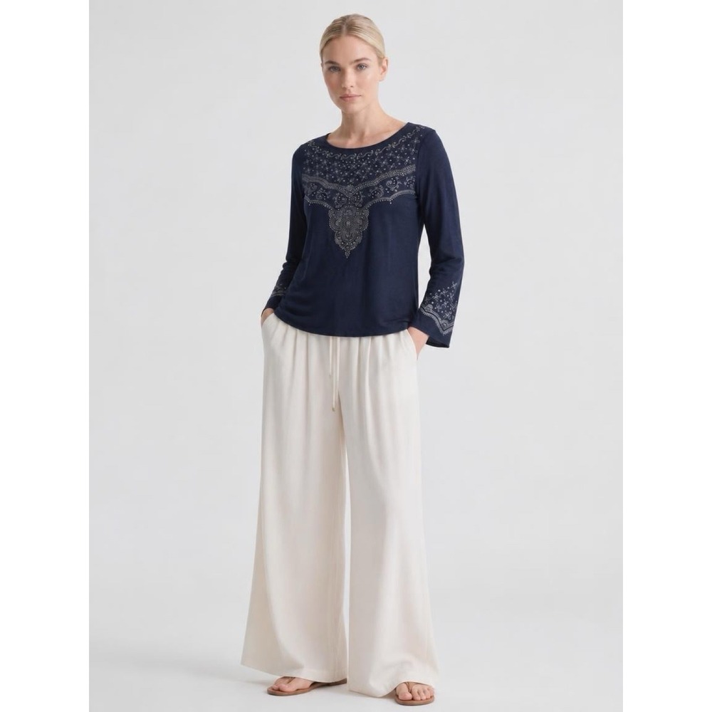 Lucy Pima Cotton Rhinestone Mandala Top Dark Grey Bohemian Bell Sleeve XL
